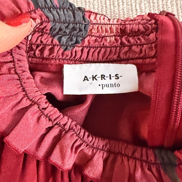 Akris Punto Red Floral Silk High Neck Ruffles Blouse size 12 - Picture 3 of 10